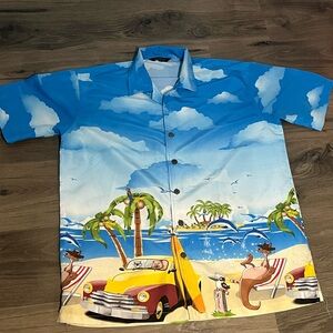 Bagazio Men’s Vibrant Beach Scene Short Sleeve Button-Down Shirt – Size XL